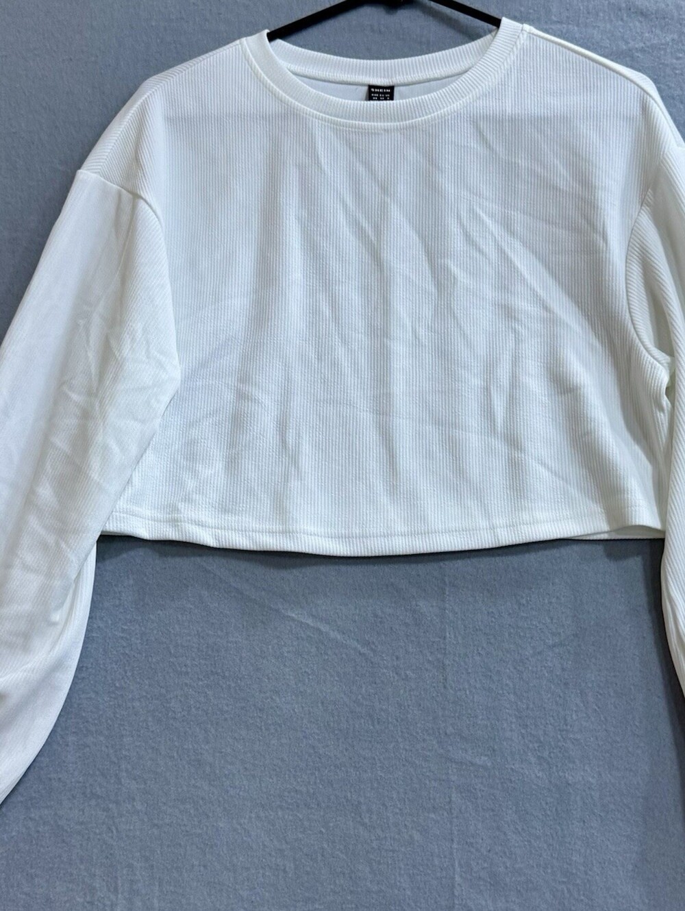 SHEIN Womens XS White Ribbed Long Sleeve Cropped Crew Neck Pullover Top